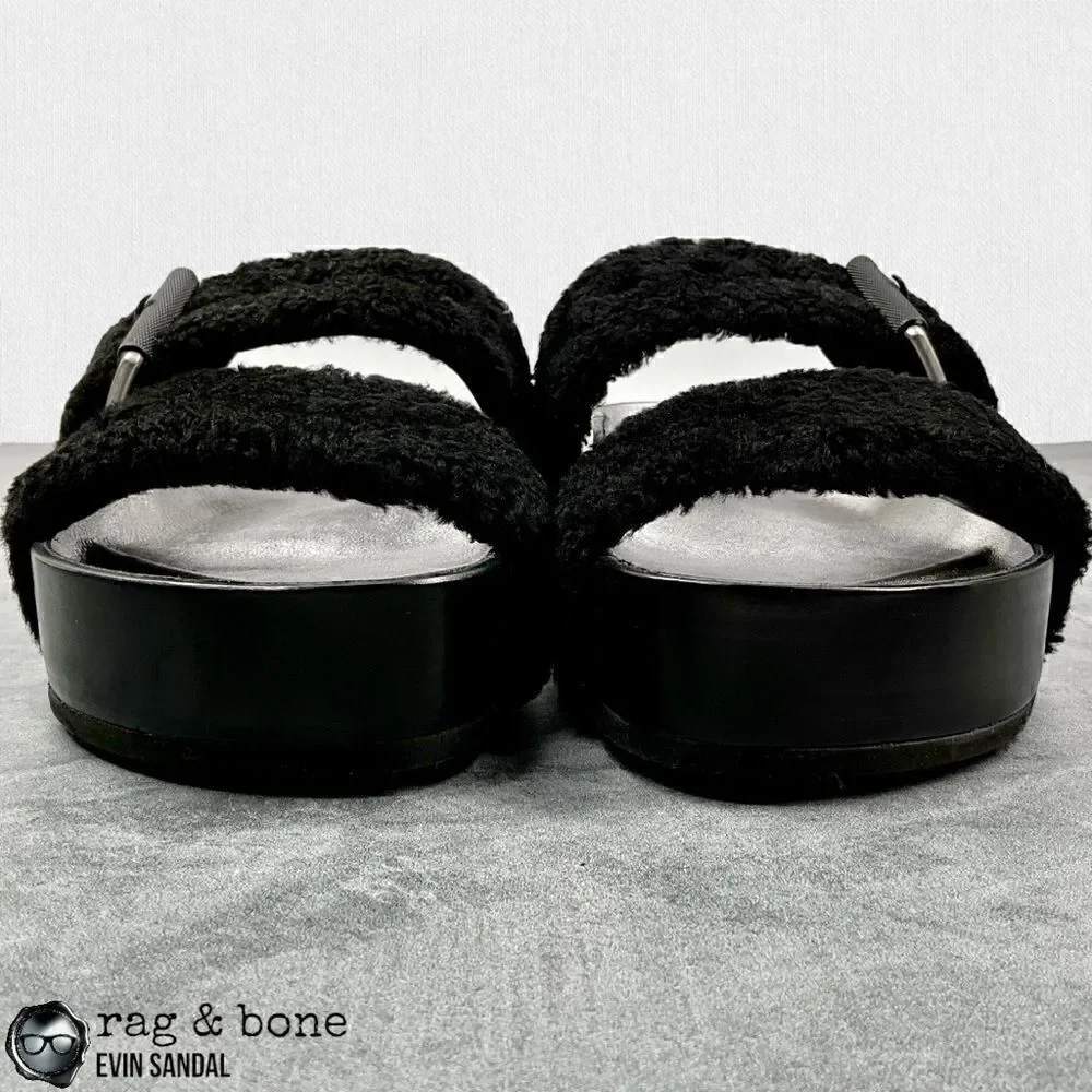 RAG & BONE EVIN GENUINE SHEARLING PLATFORM SLIDE SANDAL IN BLACK US SIZE 6 EU 36